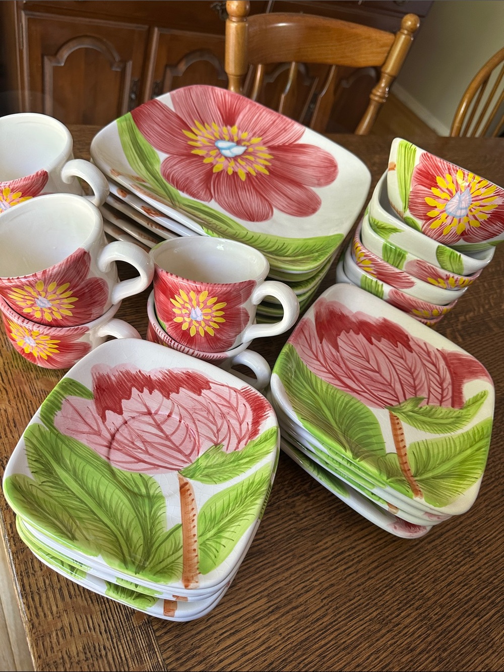Hand-Painted Floral Ceramic Dinnerware Set in Red and Green